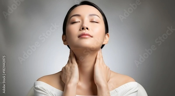 Obraz Asian woman with closed eyes, her hands gently touching her neck, a moment of inner peace and tranquility.