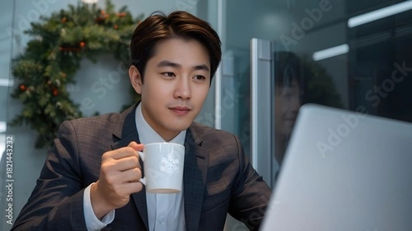 Obraz Contemplative man in suit sips coffee by laptop, a festive wreath adorns the modern workspace.