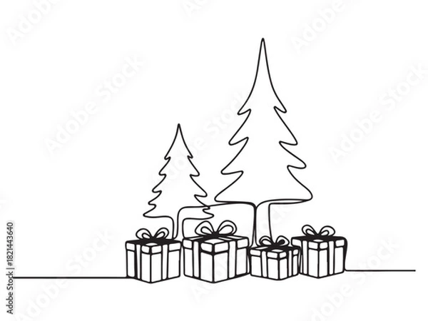 Obraz Simple Continuous Line Art of Christmas Trees and Gift Boxes