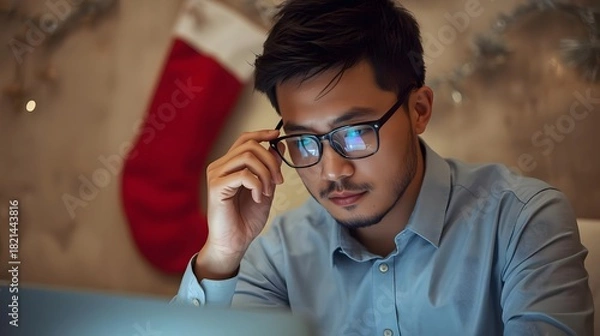 Obraz Young man thoughtfully adjusts glasses, illuminated by screen light, festive stocking behind him.