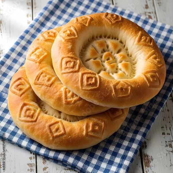 Fototapeta Golden brown round breads with decorative embossed patterns stacked on a blue and white gingham cloth