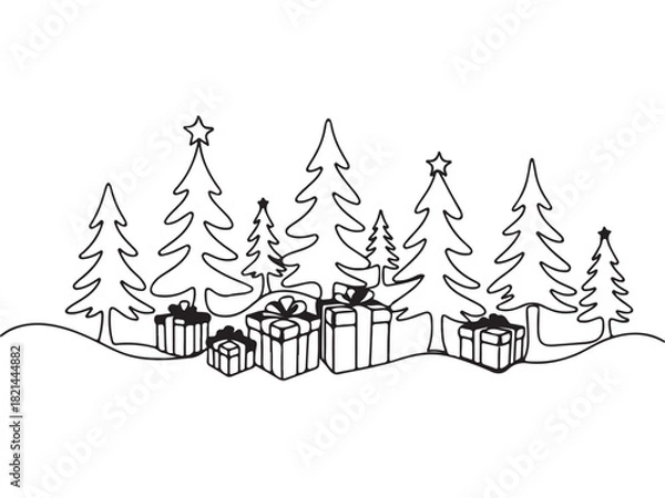 Obraz Continuous Line Art Christmas Trees and Gift Boxes Holiday Design