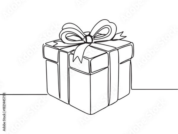 Fototapeta Continuous Line Art Gift Box with Ribbon Bow on White Background