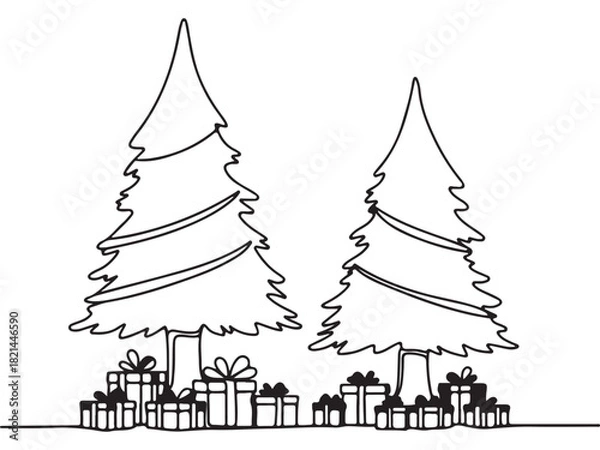 Obraz Minimalist Black Line Art Christmas Trees with Gifts on White Background