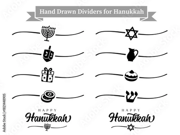 Obraz Set of hand drawn dividers shape and elements for Hanukkah holiday. Modern vector icons with menorah, dreidel, gift, gelt, star, oil jug, sufganiyot and shin letter