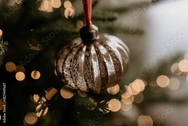 Fototapeta Vintage Silver Christmas Ornament with Warm Bokeh Lights