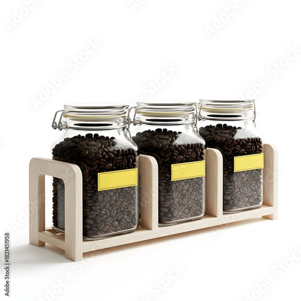 Fototapeta Three clear glass jars filled with dark granular ingredients in a wooden holder
