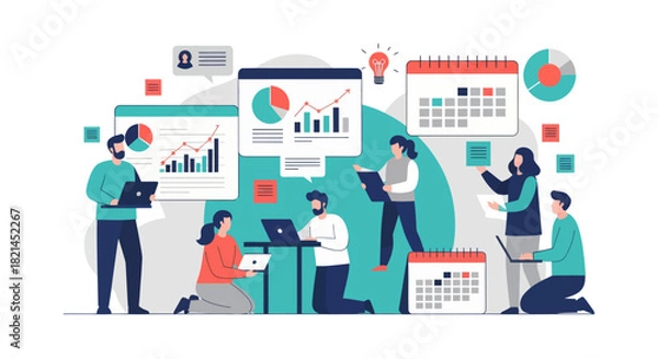 Fototapeta Dynamic team collaborating on data analysis and project planning for business growth, scheduling appointments and achieving targets in a vibrant office setting