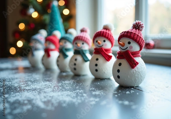 Fototapeta Row of adorable snowman figurines wearing knit hats and scarves on a frosty wooden table in soft natural light near holiday decorations.