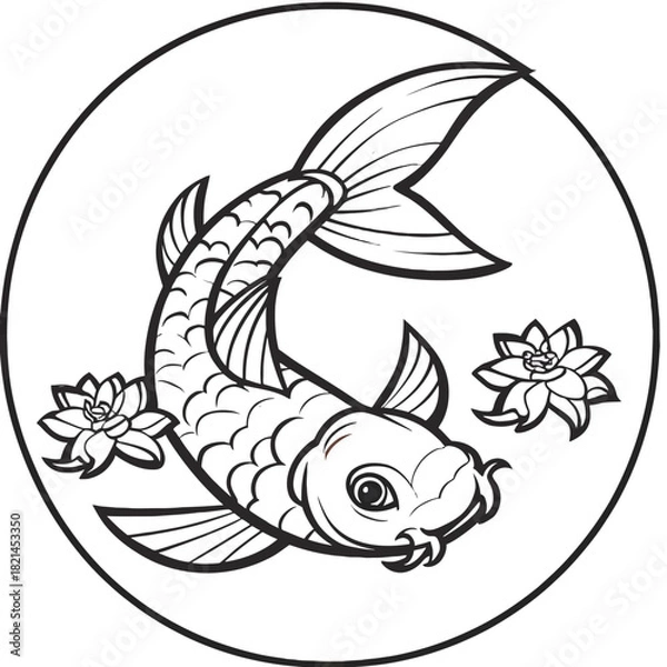 Fototapeta Simple koi fish and lotus flower illustration in a circle, outline drawing, graphic design isolated on white background, Vector, illustration