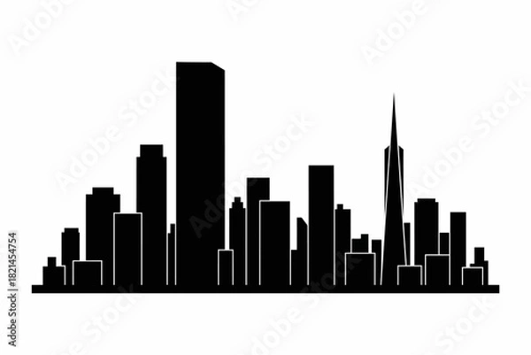 Obraz Ultra-Minimal Black Skyline Silhouette of Generic Global City - Tall Flat-Roof Tower and Needle Spire on Pure White