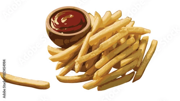 Fototapeta Pile of Golden French Fries with a Small Bowl of Ketchup on White Background potato fried