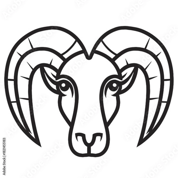 Fototapeta Stylized ram head outline logo with large, curved horns on white background isolated on white background, Vector, illustration