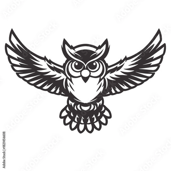 Fototapeta Stylized owl with spread wings, black and white, isolated graphic illustration, vector art isolated on white background, Vector, illustration