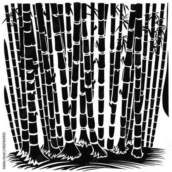 Fototapeta Stylized black and white silhouette of a dense bamboo forest with grass at the base. isolated on white background, Vector, illustration