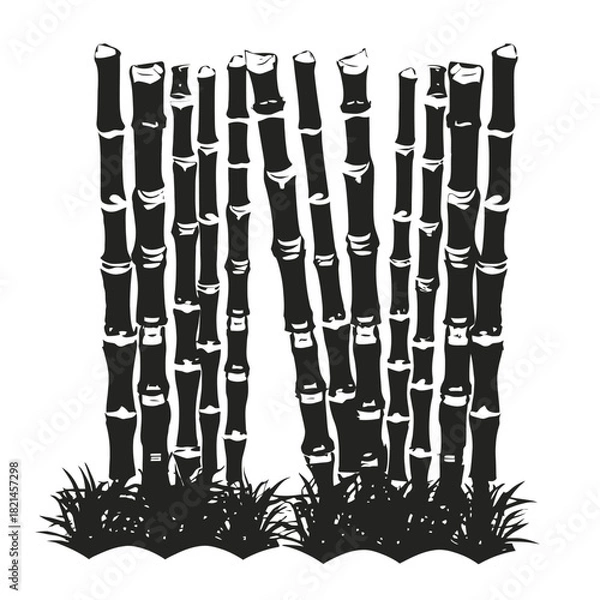 Fototapeta Tall black bamboo stalks stand in a cluster with green grass at the base on white isolated on white background, Vector, illustration