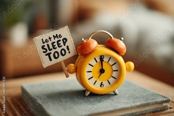 Fototapeta A small yellow retro alarm clock sits on a textured book stack, holding a tiny protest sign asking for more sleep.  Importance of sleep. Struggle of waking up. 