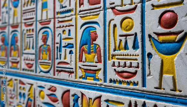Fototapeta Close-up of Painted Egyptian Hieroglyphs on Wall