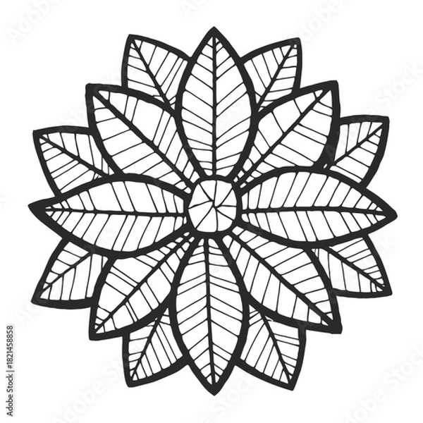 Fototapeta Intricate line drawing of a stylized flower or mandala pattern in black on white. isolated on white background, Vector, illustration