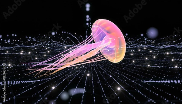Fototapeta Neon Jellyfish Over Digital Data Network Grid