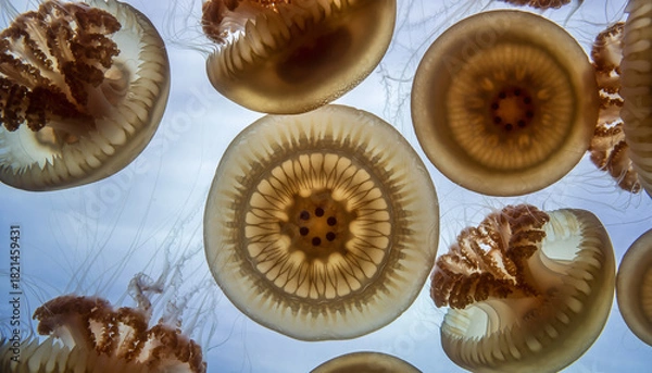 Fototapeta Cluster of Jellyfish Viewed from Underwater Low Angle