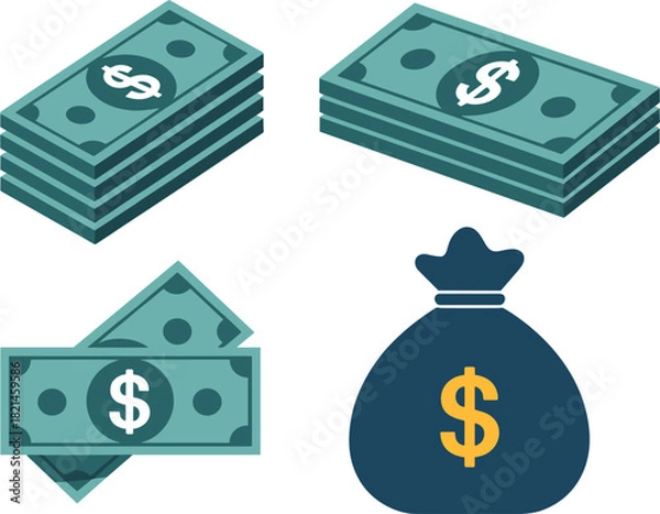 Fototapeta Set of Flat Design Money Illustrations, Isometric Dollar Bill Stacks and Money Bag, Finance Banking Savings Wealth Teal Vector Graphic