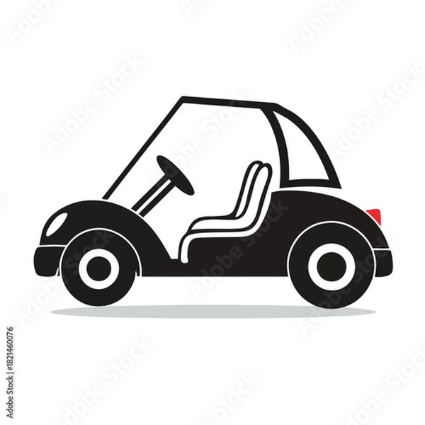 Fototapeta Simple black cartoon golf cart with open top, seats, and steering wheel isolated on white background, Vector, illustration