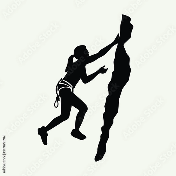 Fototapeta Woman rock climber silhouette ascending a steep, challenging rock face with harness isolated on white background, Vector, illustration