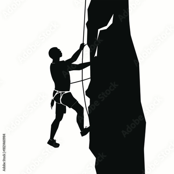 Fototapeta Silhouette of a man rock climbing up a steep cliff face using a rope isolated on white background, Vector, illustration