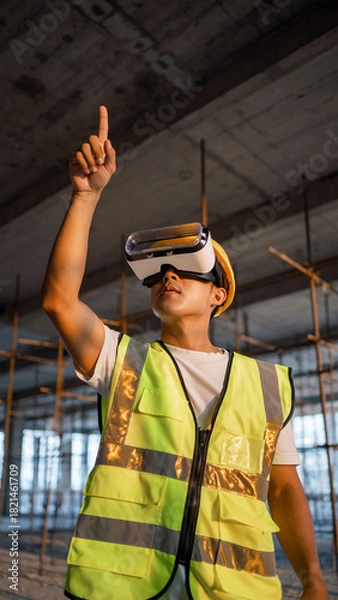 Fototapeta Construction Worker Using VR Headset
