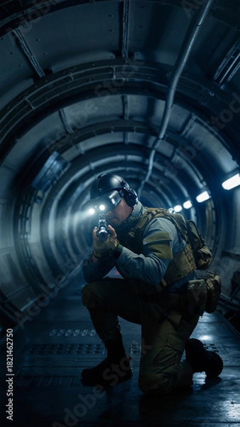 Fototapeta Soldier with AR Headset Aiming in Dark Tunnel