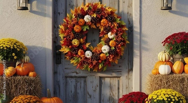 Fototapeta White Thanksgiving Greeting with Floating Leaves