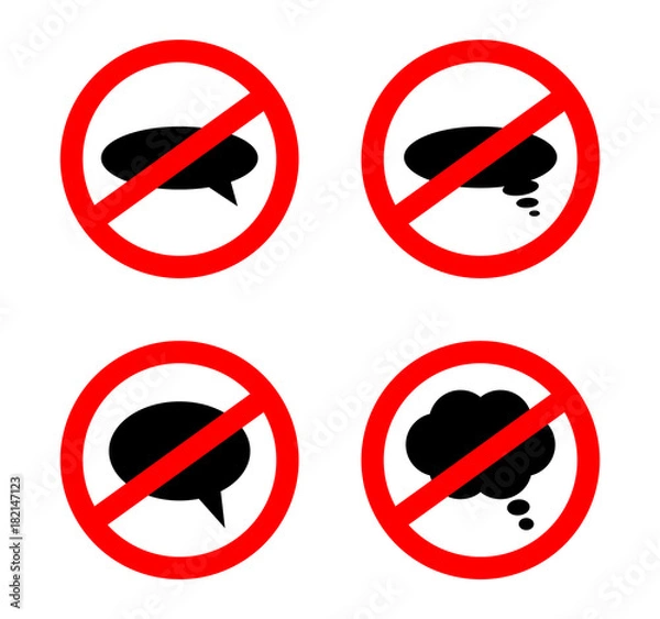 Fototapeta Speaking And Thinking Not Allowed Signs. Vector Illustration Of Speech Bubble Silhouettes In Traffic Signs Saying Don't Speak, Don't Think.