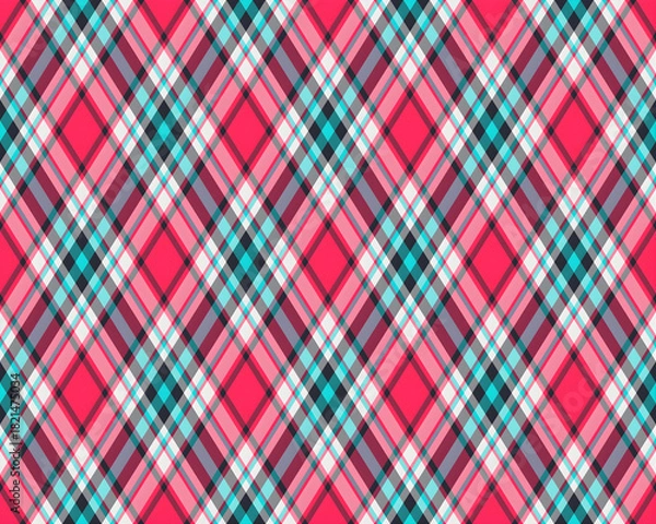 Fototapeta Seamless Diagonal Plaid Pattern Background: Vivid Pink, Red, and Teal Tartan Check Textile Print