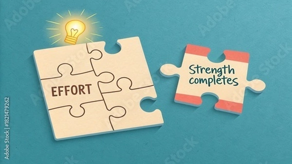 Fototapeta Puzzle pieces illustrating effort and completion on blue background