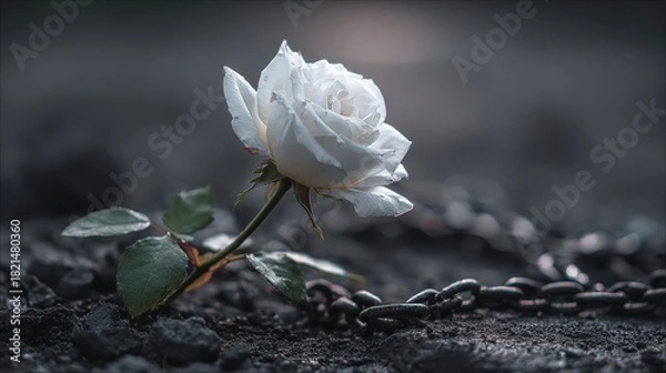 Fototapeta Single white rose emerging from darkness with subtle chain