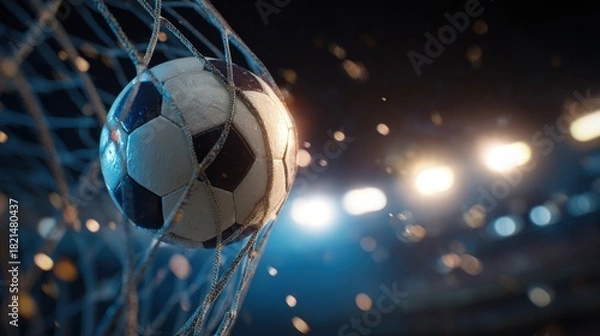 Fototapeta Soccer ball scoring a goal inside the net at night