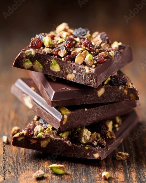 Fototapeta Stack of dark chocolate bark with pistachios and dried fruit