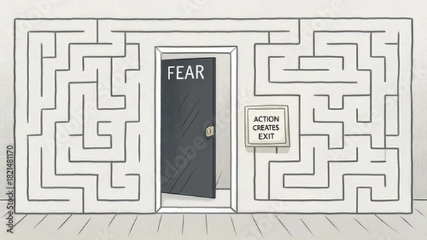 Fototapeta The Door Marked Fear Inside a Maze Represents Overcoming Obstacles