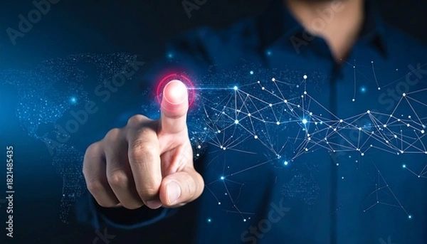 Fototapeta Innovative businessman touching global network for future technology solutions, connecting the world and driving digital transformation with smart systems