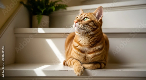 Obraz Majestic Orange Tabby Cat Lying on Stairs Looking Upwards in Sunlight