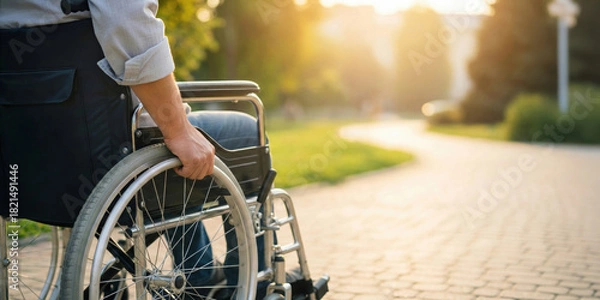 Fototapeta A man with hand on the wheel of his wheelchair having a ride in a city garden by sunny day, physical disability mobility, handicap accessibility, copy space