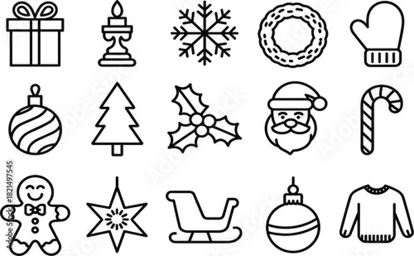 Obraz Set of Fifteen Christmas Holiday Line Icons, Winter Celebration Outline Symbols, Simple Minimalist Xmas Festive Decoration Graphic Vector Collection
