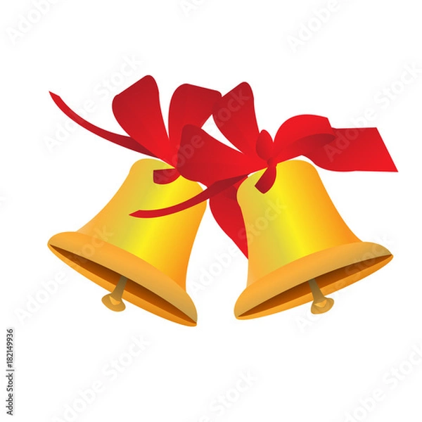 Obraz Two Golden Christmas bells with red ribbons on white background