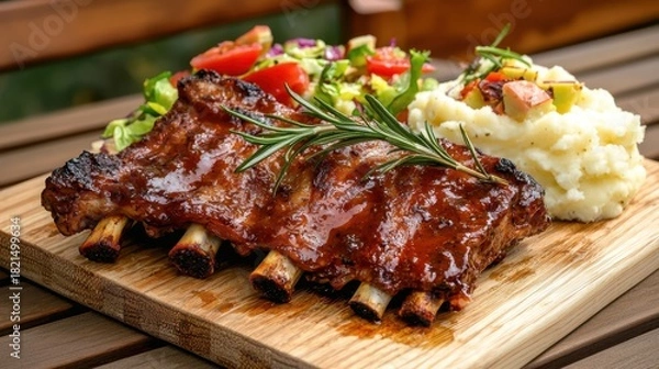 Fototapeta Delicious Barbecue Ribs with Sides of Salad and Mashed Potatoes