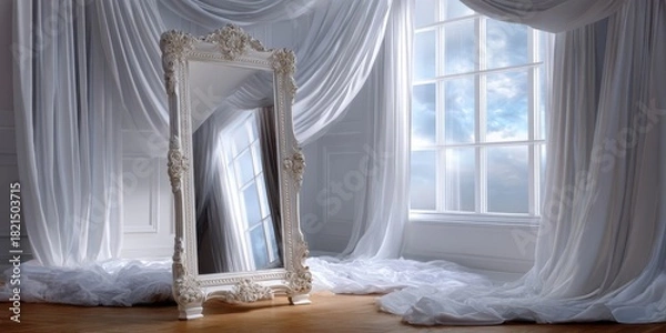 Obraz Elegant white standing mirror reflecting soft natural light in a bright room adorned with sheer curtains and a light wooden floor