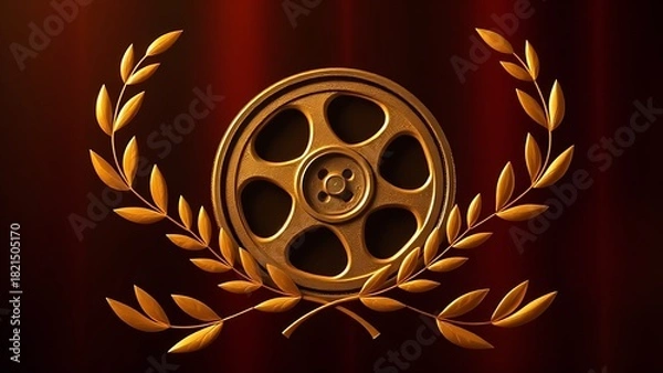 Fototapeta encircling. Golden laurel wreath encircling a film reel, warm lighting and elegant composition. event programs, museum guides, designed for cultural heritage projects and event programs.