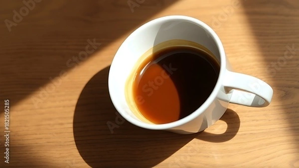 Fototapeta overturned. An overturned cup spills brown liquid across a wooden surface in an organic pattern. bar promotions, beverage menus, designed for product packaging and bar promotions.