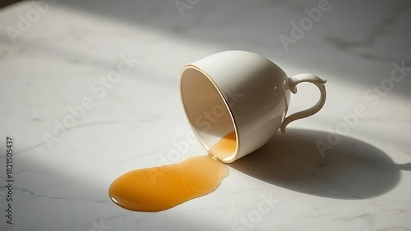 Fototapeta aside. Porcelain teacup pushed aside on marble with tea spill, luxury still life, minimalist composition. menu design, packaging mockups, designed for food delivery and cloud-kitchen brand materials.
