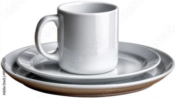 Obraz A white ceramic mug rests atop a matching plate, emphasizing simplicity and elegance in a minimalist setting